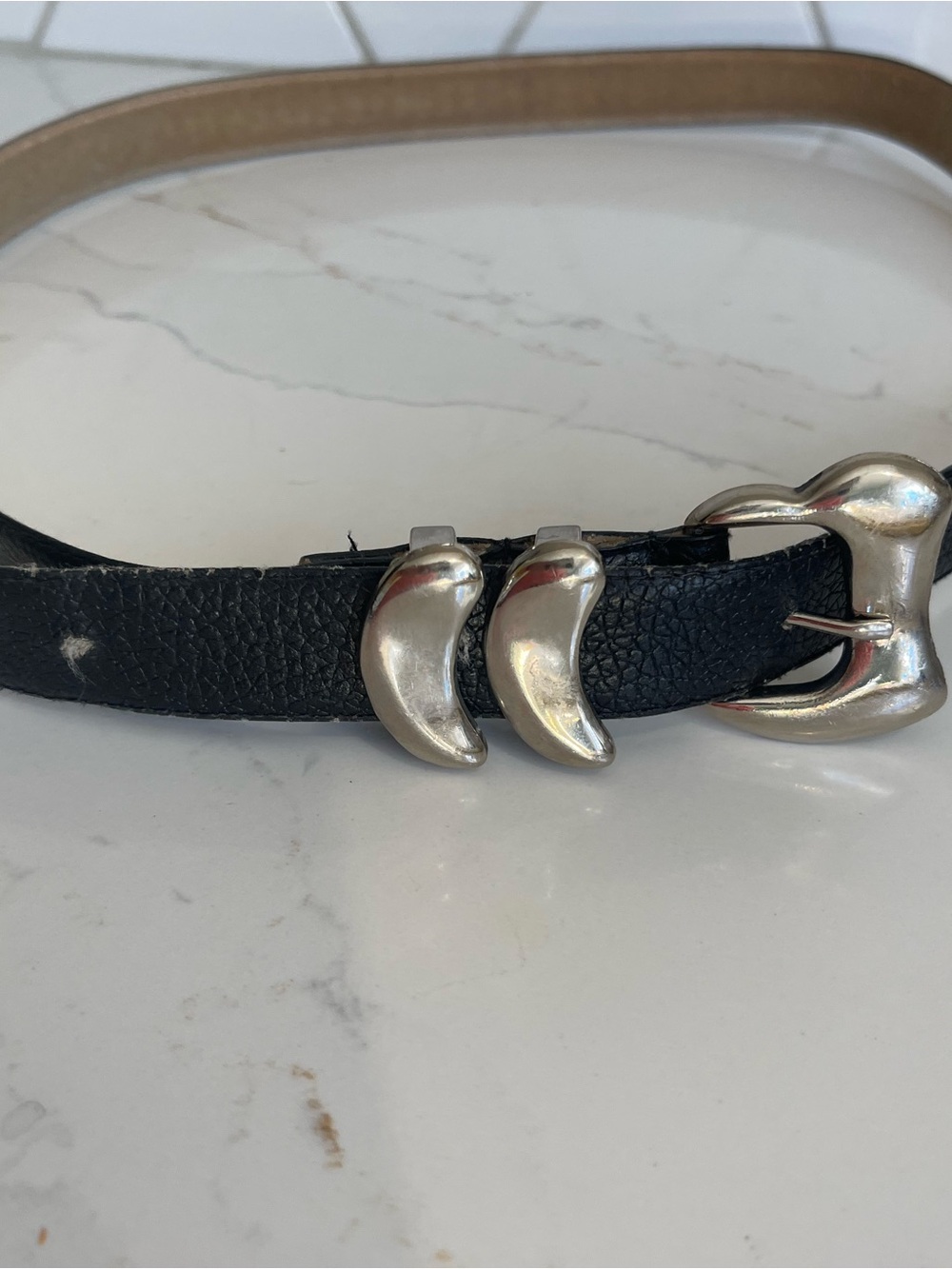 Black Leather Belt with Silver Moon Accent Buckle